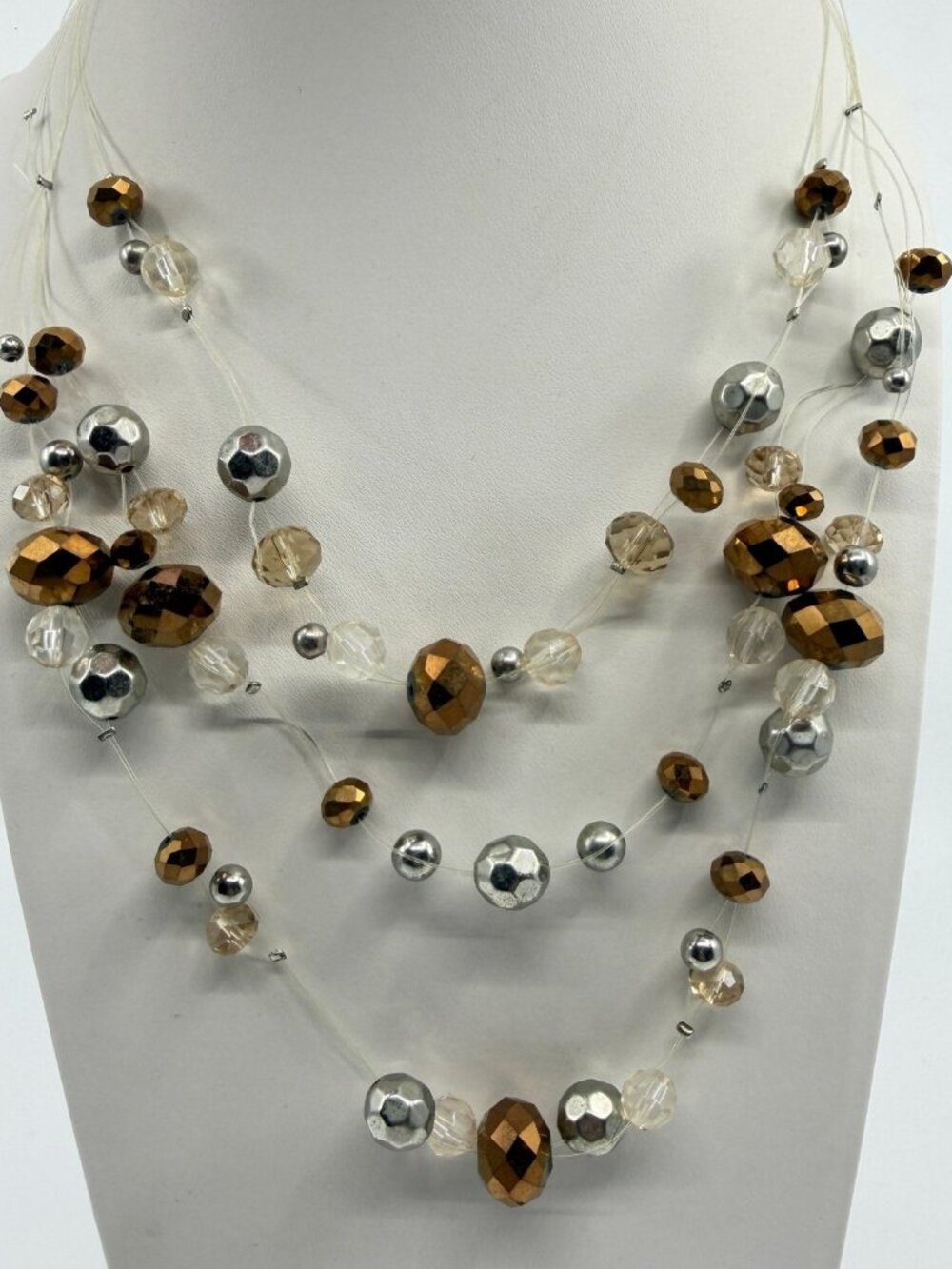 Multi Strand Beads Necklace Bronze & Silver Tone with Clear Crystals
